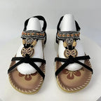 The Lady's Haven Boutique bohemian beaded summer sandals flat heel black straps with decorative beads