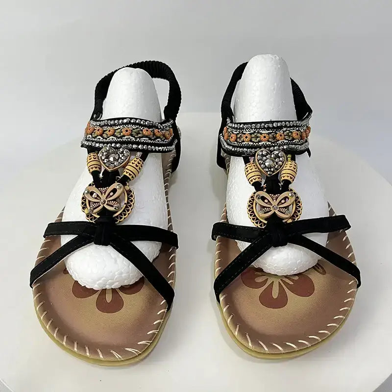 The Lady's Haven Boutique bohemian beaded summer sandals flat heel black straps with decorative beads