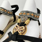 Bohemian beaded summer sandals with flat heel featuring intricate wooden and crystal embellishments