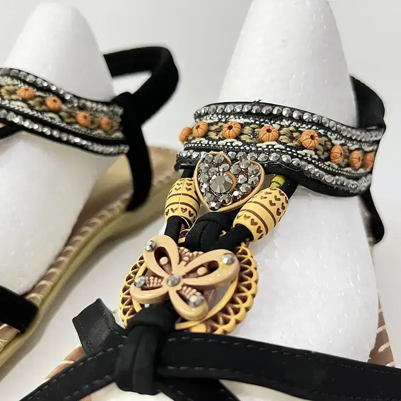 Bohemian beaded summer sandals with flat heel featuring intricate wooden and crystal embellishments