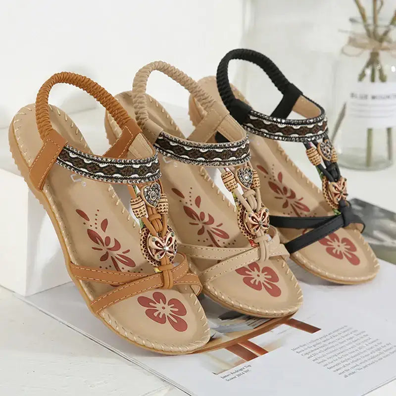 Bohemian beaded summer sandals flat heel in tan beige and black from The Lady's Haven Boutique