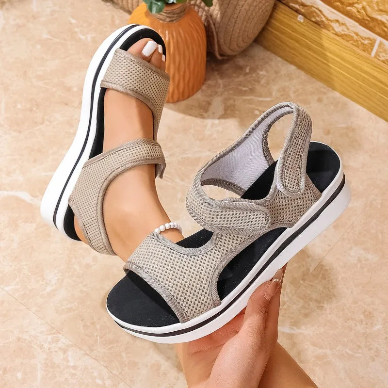 The Lady's Haven Boutique beige mesh platform sandals with adjustable straps and cushioned sole
