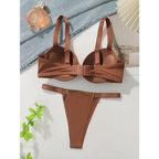 Brown thick padded bra for small breasts with matching thong lingerie set laid flat