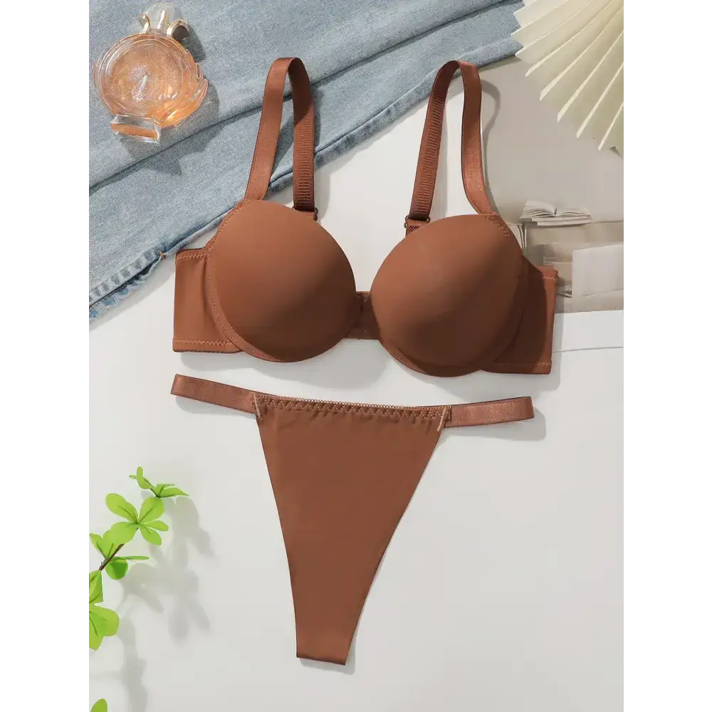 Brown thick padded bra for small breasts with matching thong underwear set from The Lady's Haven Boutique