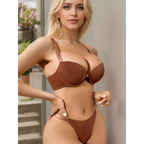 Brown thick padded bra for small breasts worn by model in matching underwear set