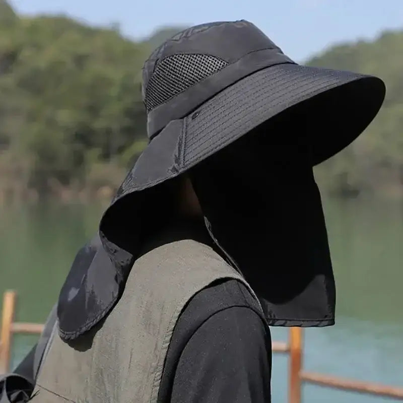 Black breathable uv protection sun hat for women with neck flap for outdoor activities