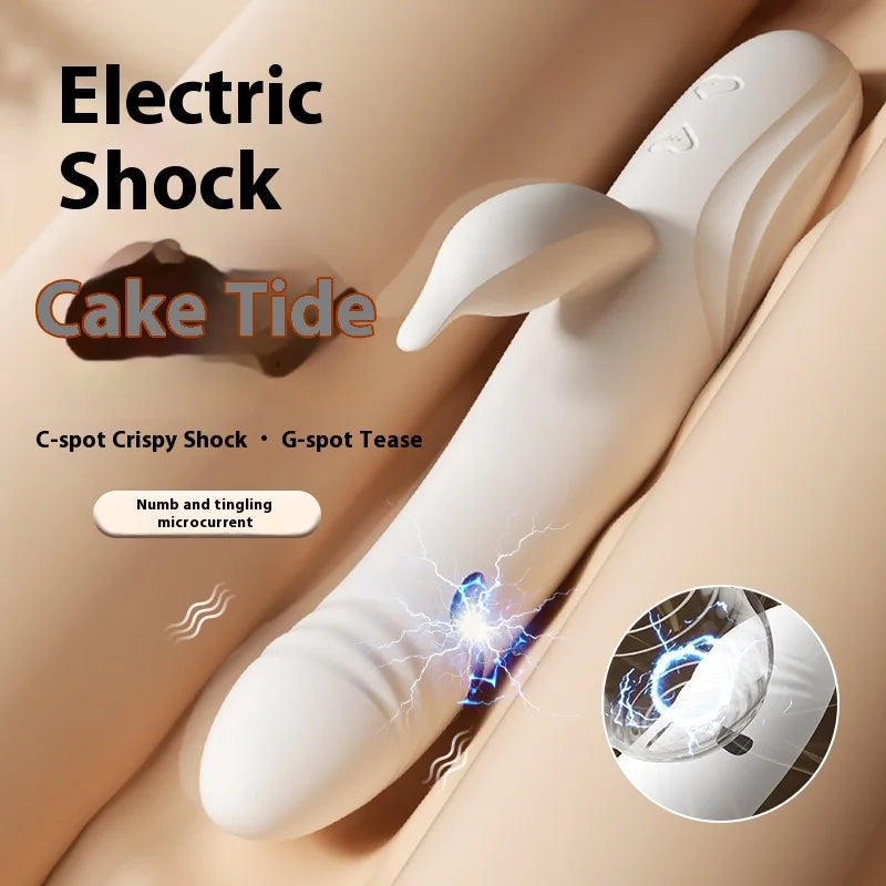 White dual stimulation vibrator with rabbit arm and G spot shaft electric shock clitoral stimulator