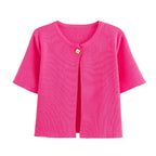 Bright pink casual fashion cropped jacket with short sleeves and a single button closure