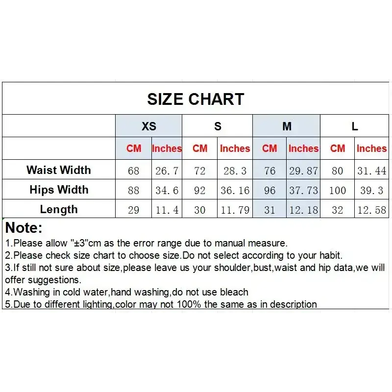 Size chart with measurements for casual mid waist short skirt in sizes XS to L from The Lady's Haven Boutique
