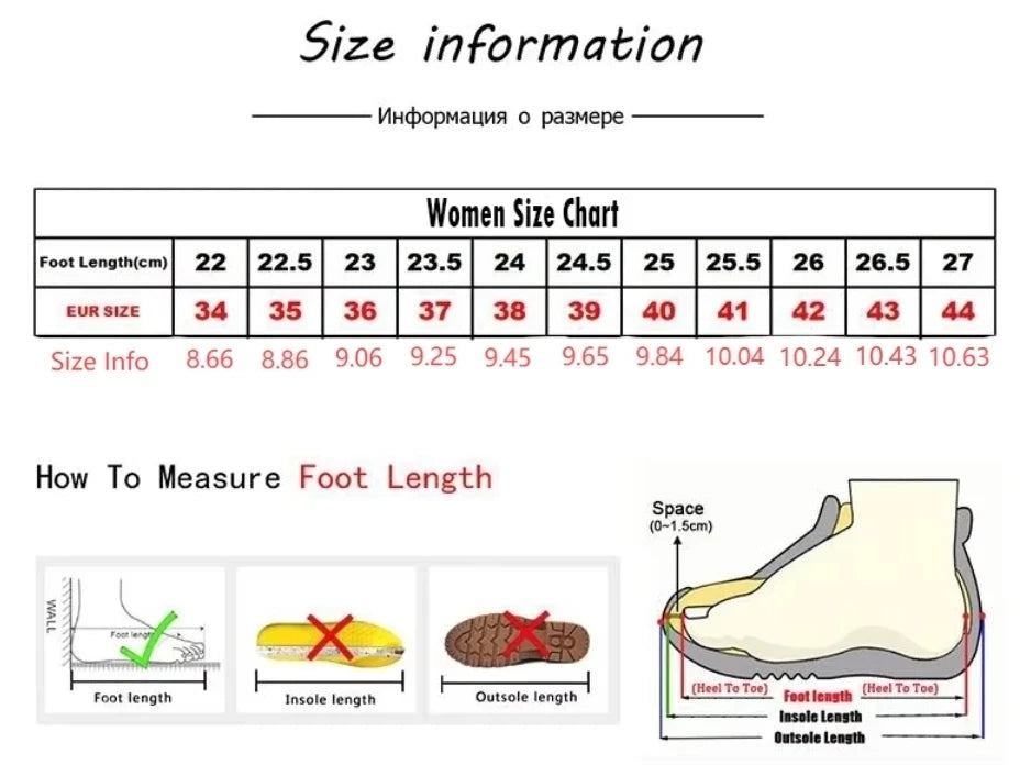 Size chart for casual slip on sneakers showing women's foot length in centimeters and European sizes