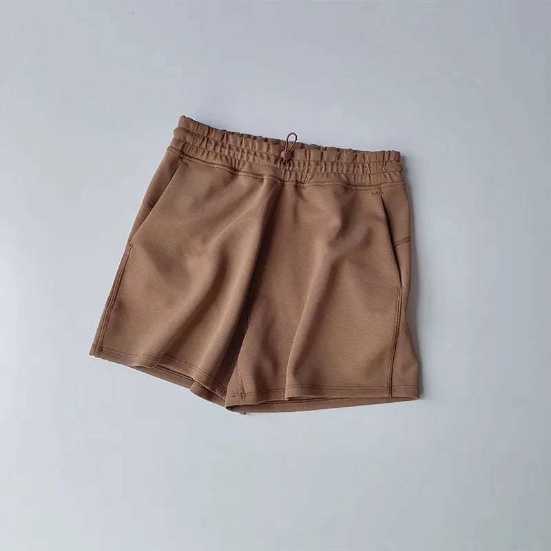 Brown Casual Sports Shorts for Women with Elastic Waistband and Pockets