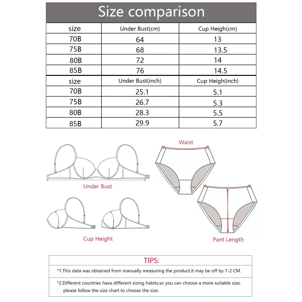 Size comparison chart showing measurements for leopard print push up bra including under bust and cup height in cm and inches
