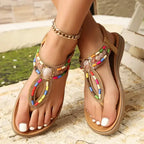 Colorful bohemian beaded sandals flat heel sandals from The Lady's Haven Boutique on feet with ankle bracelet