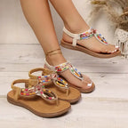 The Lady's Haven Boutique colorful bohemian beaded sandals flat heel with multicolor beads on tan straps