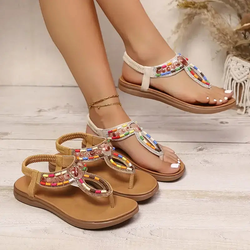 The Lady's Haven Boutique colorful bohemian beaded sandals flat heel with multicolor beads on tan straps