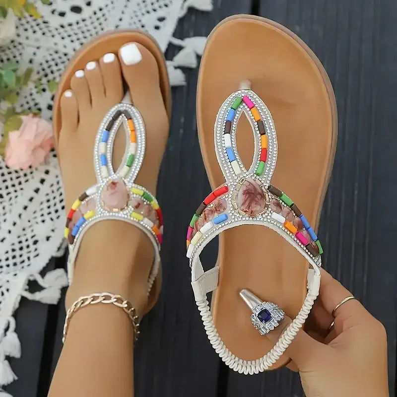 Colorful bohemian beaded sandals flat heel with multicolor beads and stone detail from The Lady's Haven Boutique