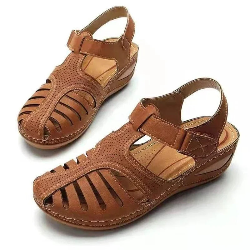 Brown leather bunion corrector summer sandals with adjustable straps and cushioned sole