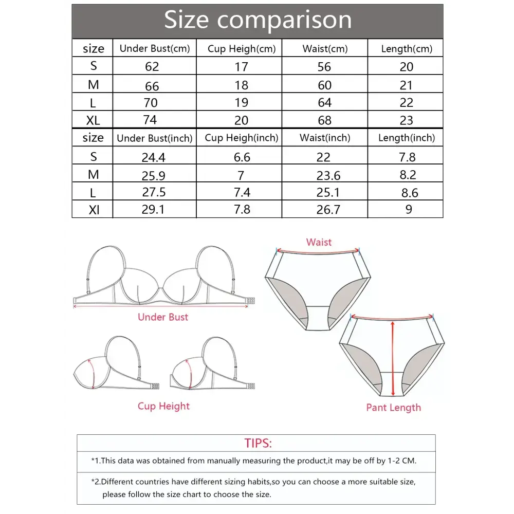 Size chart and measurement guide for comfortable daily ladies underwear with bust, cup, waist, and length details