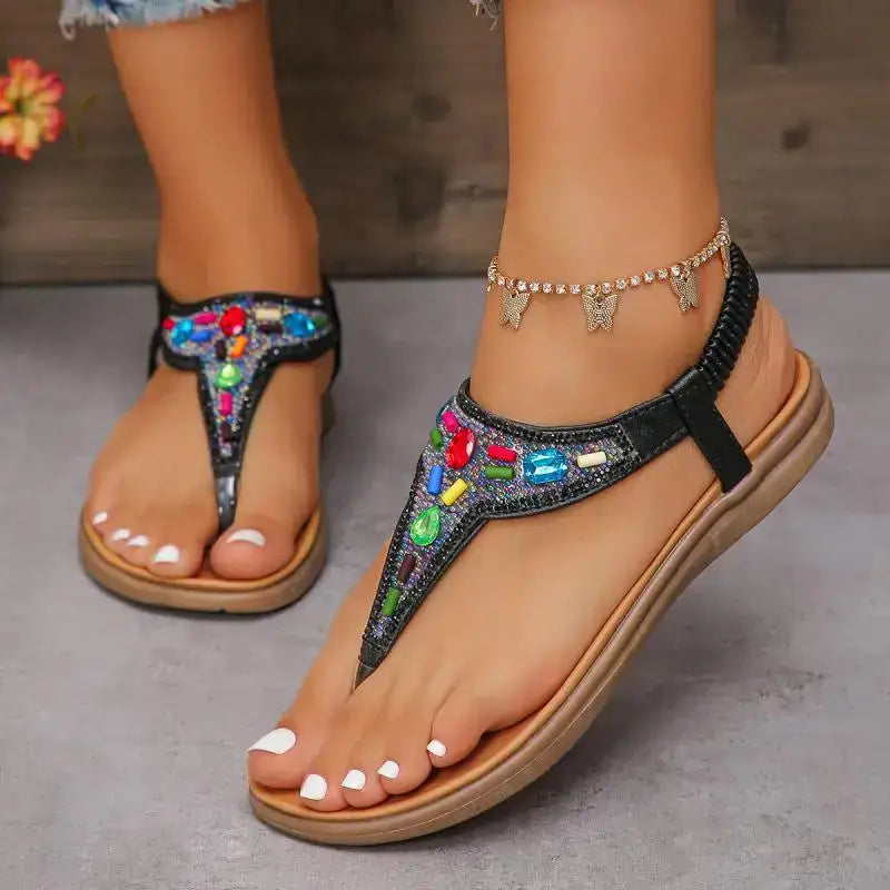The Lady's Haven Boutique comfortable flat beach flip flops with colorful jeweled flat heel sandals