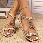 Comfortable ladies slides flat heel sandals with braided colorful straps and decorative rhinestones