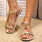 Comfortable ladies slides flat heel sandals with braided straps and decorative charms from The Lady's Haven Boutique