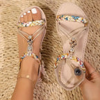 The Lady's Haven Boutique flat heel sandals featuring comfortable ladies slides with braided and jeweled straps