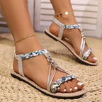 Comfortable ladies slides flat heel sandals with floral braided straps and decorative beads