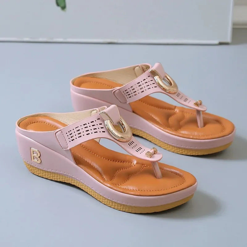 Comfortable open toe beach sandals in pink with cushioned footbed and gold accents from The Lady's Haven Boutique