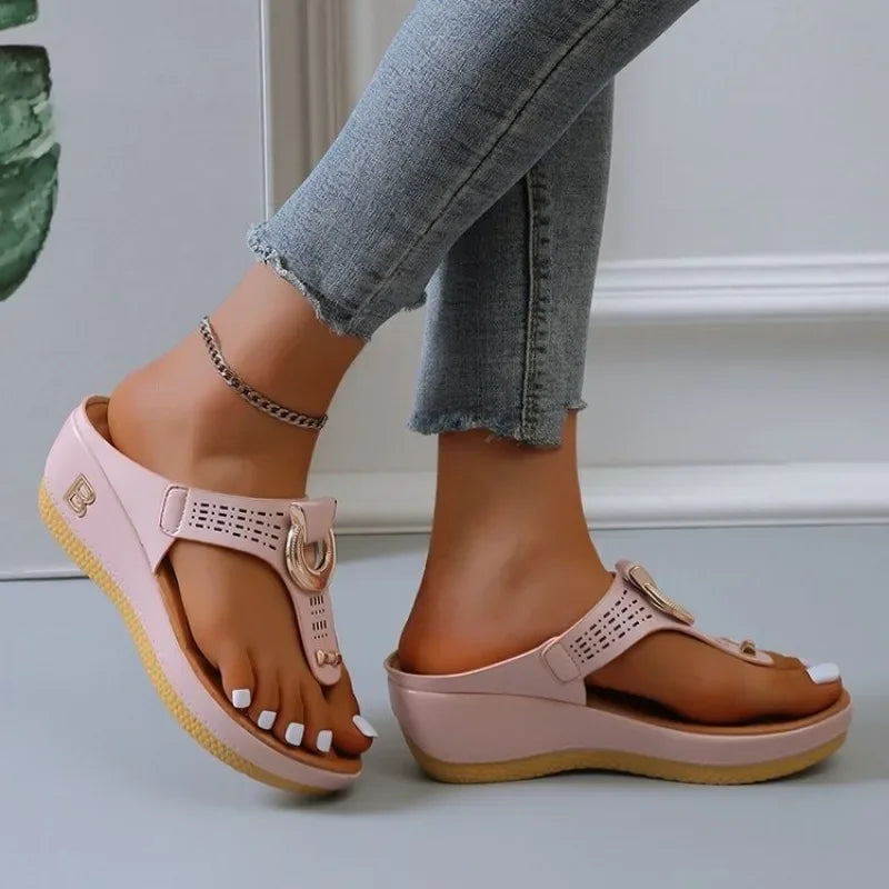 The Lady's Haven Boutique comfortable open toe beach sandals in pink with gold buckle and wedge sole