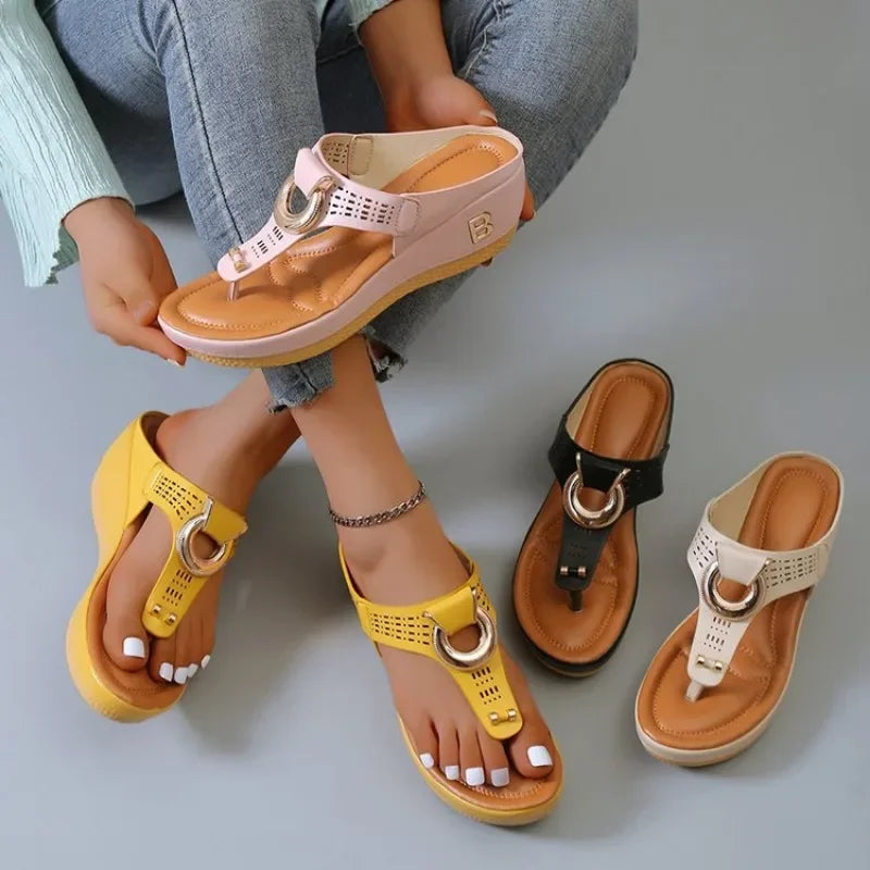 Comfortable open toe beach sandals in yellow, pink, black, and white with ring detail and cushioned sole