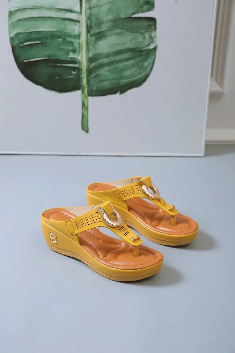 Yellow comfortable open toe beach sandals with cushioned sole and decorative buckle from The Lady's Haven Boutique