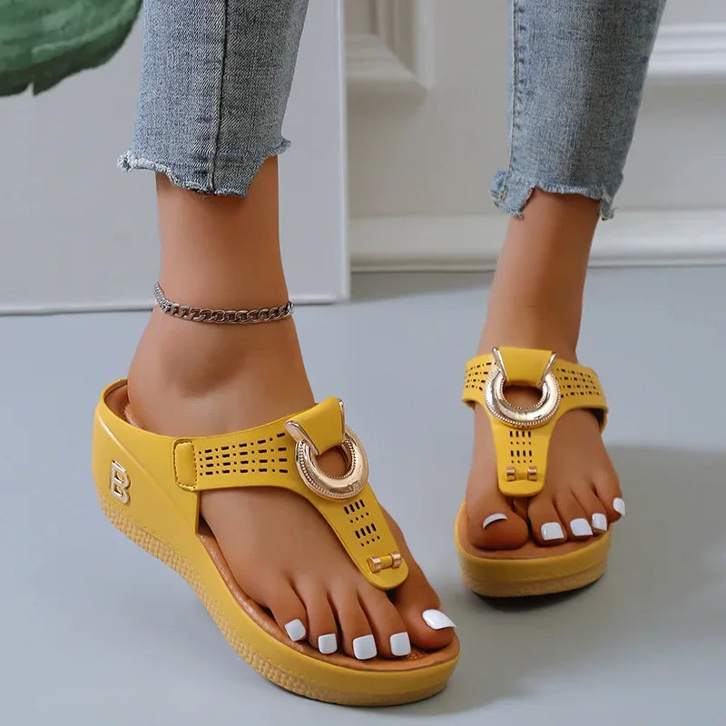 Yellow comfortable open toe beach sandals with decorative buckle and slip-on design