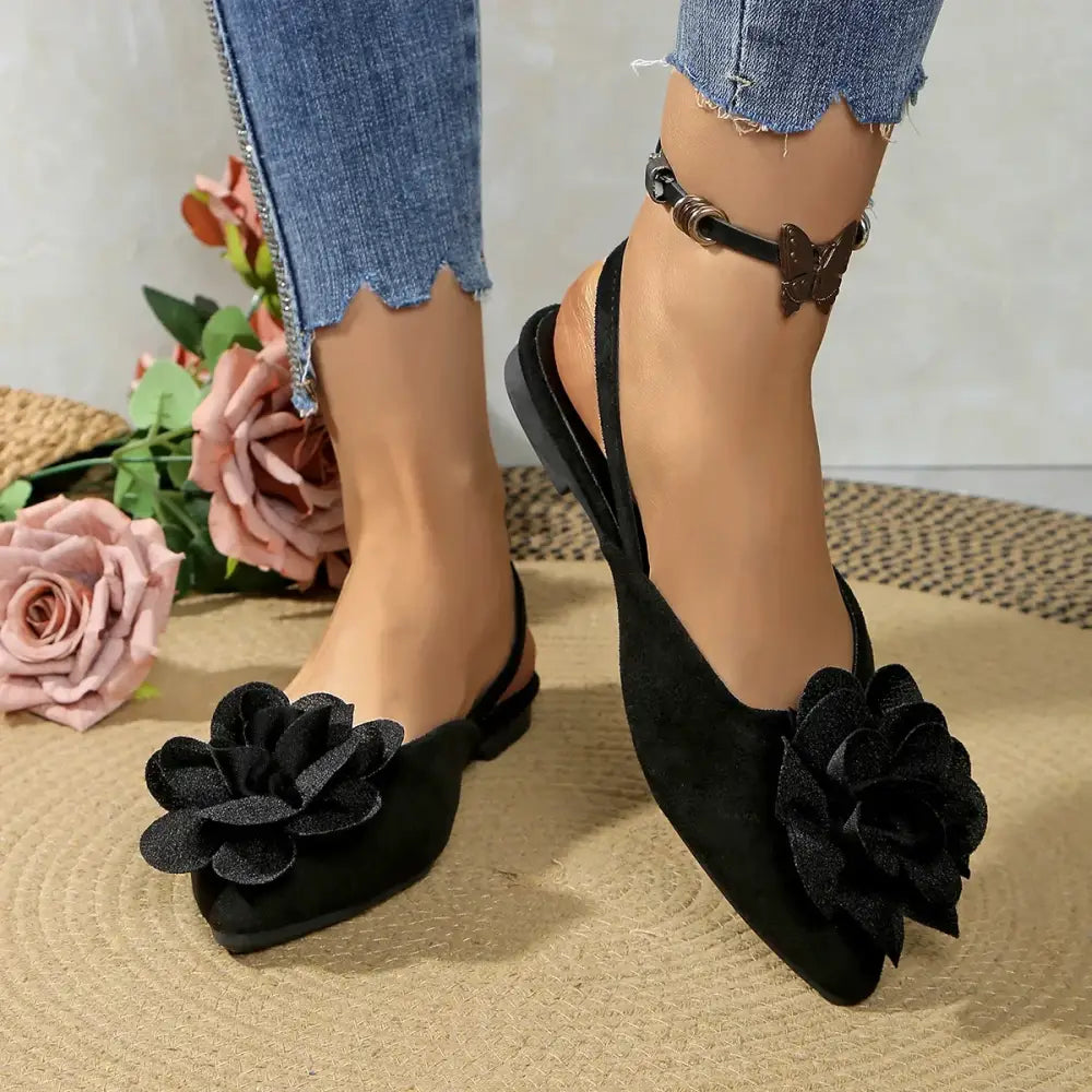 The Lady's Haven Boutique black flat heel sandals with flower detail, comfortable pointed toe summer shoes