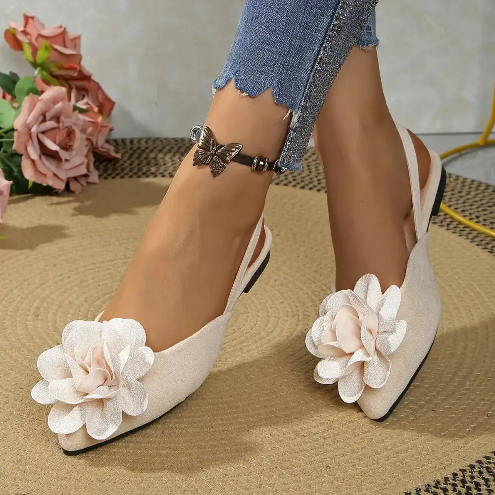 The Lady's Haven Boutique flat heel sandals with large flower detail comfortable pointed toe summer shoes