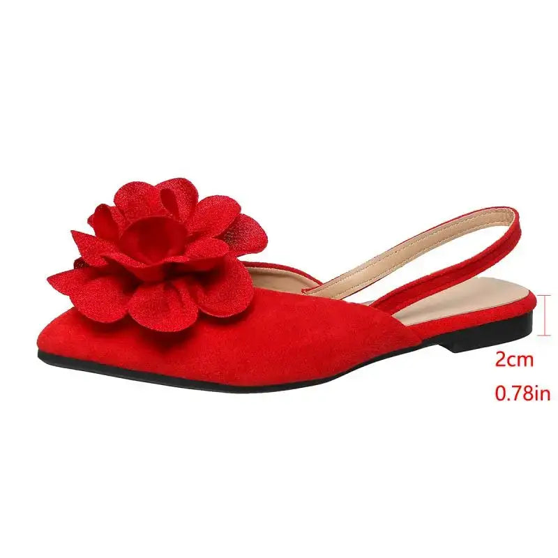 Red flat heel sandals from The Lady's Haven Boutique with pointed toe and flower decoration comfortable pointed toe summer shoes
