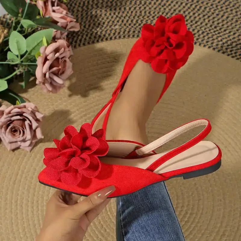 Red flat heel sandals with large flower decoration comfortable pointed toe summer shoes from The Lady's Haven Boutique