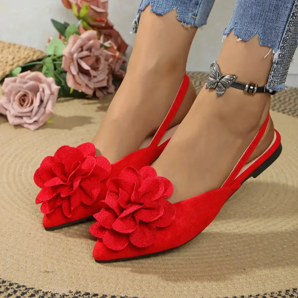 Red flat heel sandals with large flower decoration, comfortable pointed toe summer shoes from The Lady's Haven Boutique