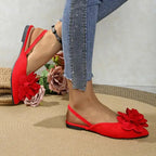 The Lady's Haven Boutique red flat heel sandals with flower detail comfortable pointed toe summer shoes