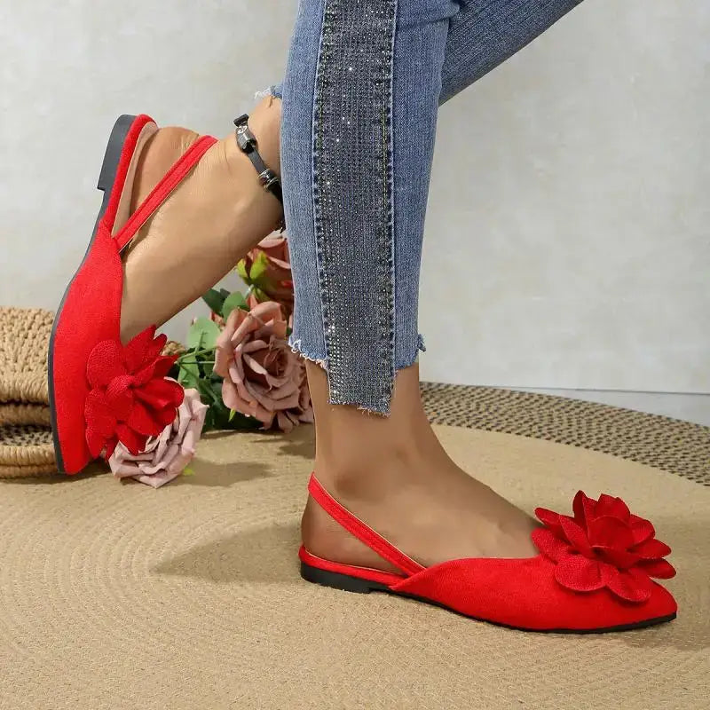 The Lady's Haven Boutique red flat heel sandals with flower detail comfortable pointed toe summer shoes