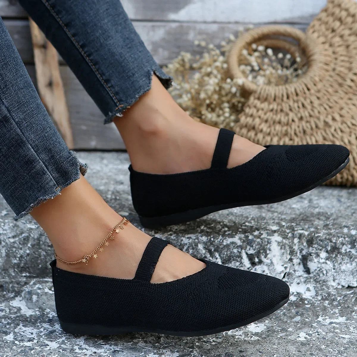 The Lady's Haven Boutique black comfortable slip-on shoes with strap worn with denim jeans