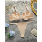 Beige comfortable steel ring lingerie for women set with adjustable straps and matching thong by The Lady's Haven Boutique