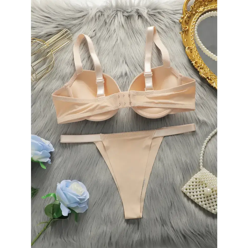 Beige comfortable steel ring lingerie for women set with adjustable straps and matching thong by The Lady's Haven Boutique