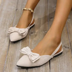 The Lady's Haven Boutique comfortable summer pointed toe shoes flat heel sandals in light beige with bow detail