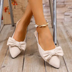The Lady's Haven Boutique flat heel sandals with bows, comfortable summer pointed toe shoes in light beige