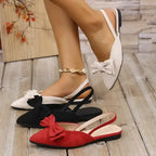 Comfortable summer pointed toe shoes flat heel sandals in white black and red with bow detail