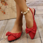 Red flat heel sandals with bows worn on feet comfortable summer pointed toe shoes