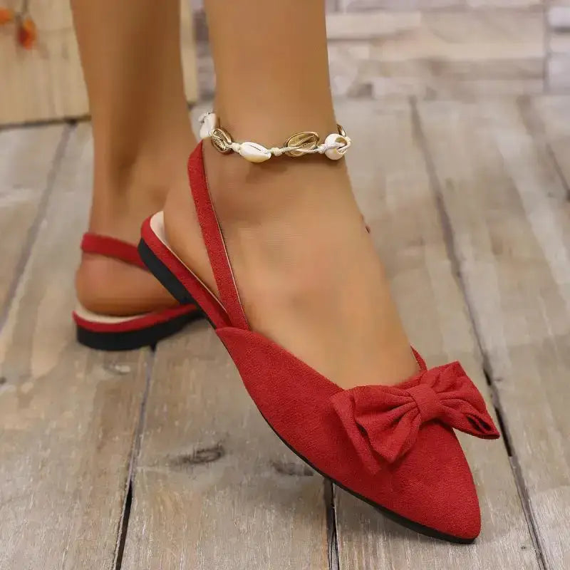 Red flat heel sandals with bow detail by The Lady's Haven Boutique comfortable summer pointed toe shoes