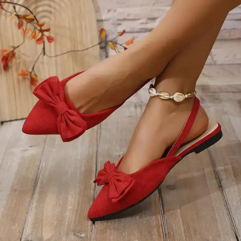The Lady's Haven red flat heel sandals with bow detail comfortable summer pointed toe shoes