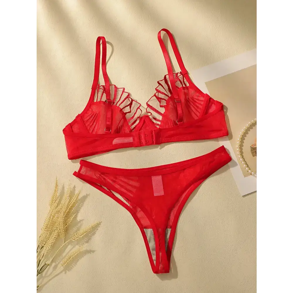 Red comfortable underwire bra and panty set with delicate ruffle details from The Lady's Haven Boutique