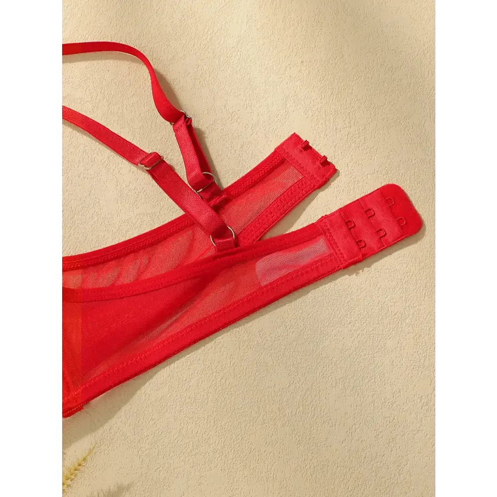 Red comfortable underwire bra and panty set with adjustable straps and hook closures